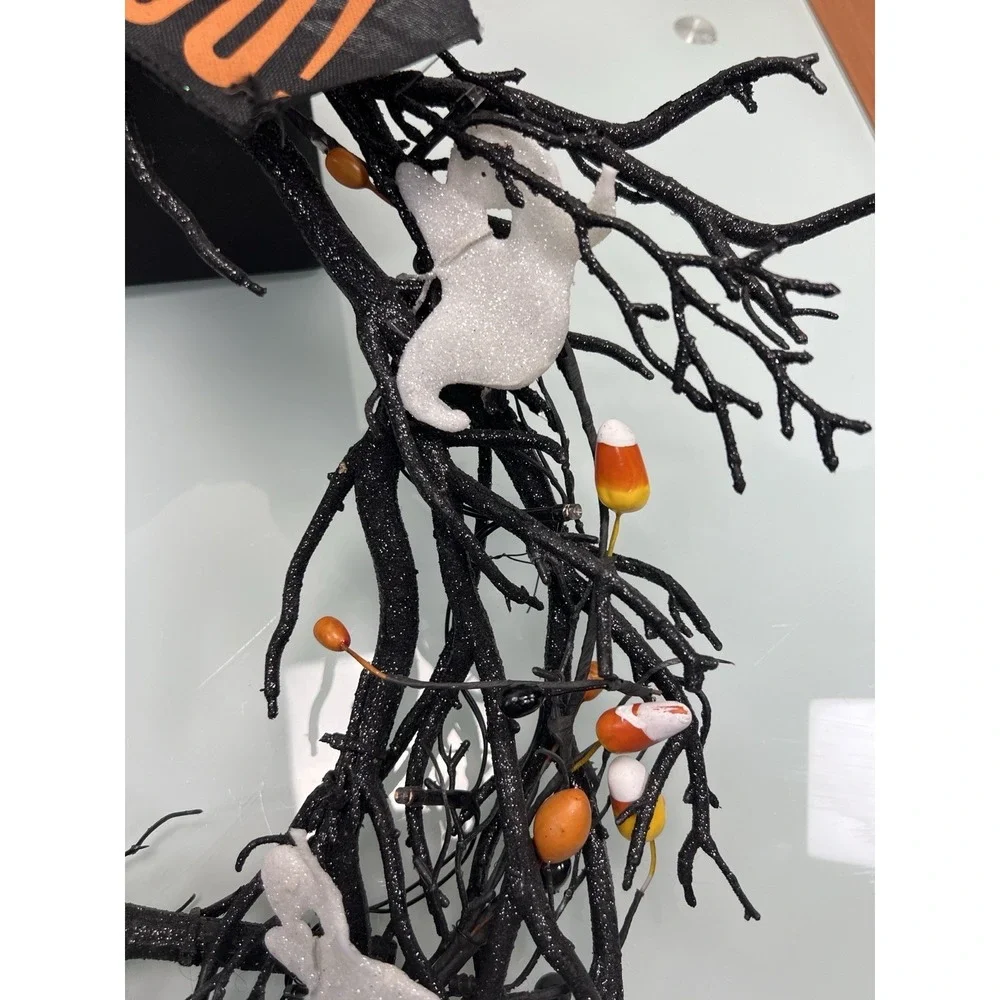 Spooky Halloween Twig Wreath Ghosts Candy Corn BOO Lighted Decor